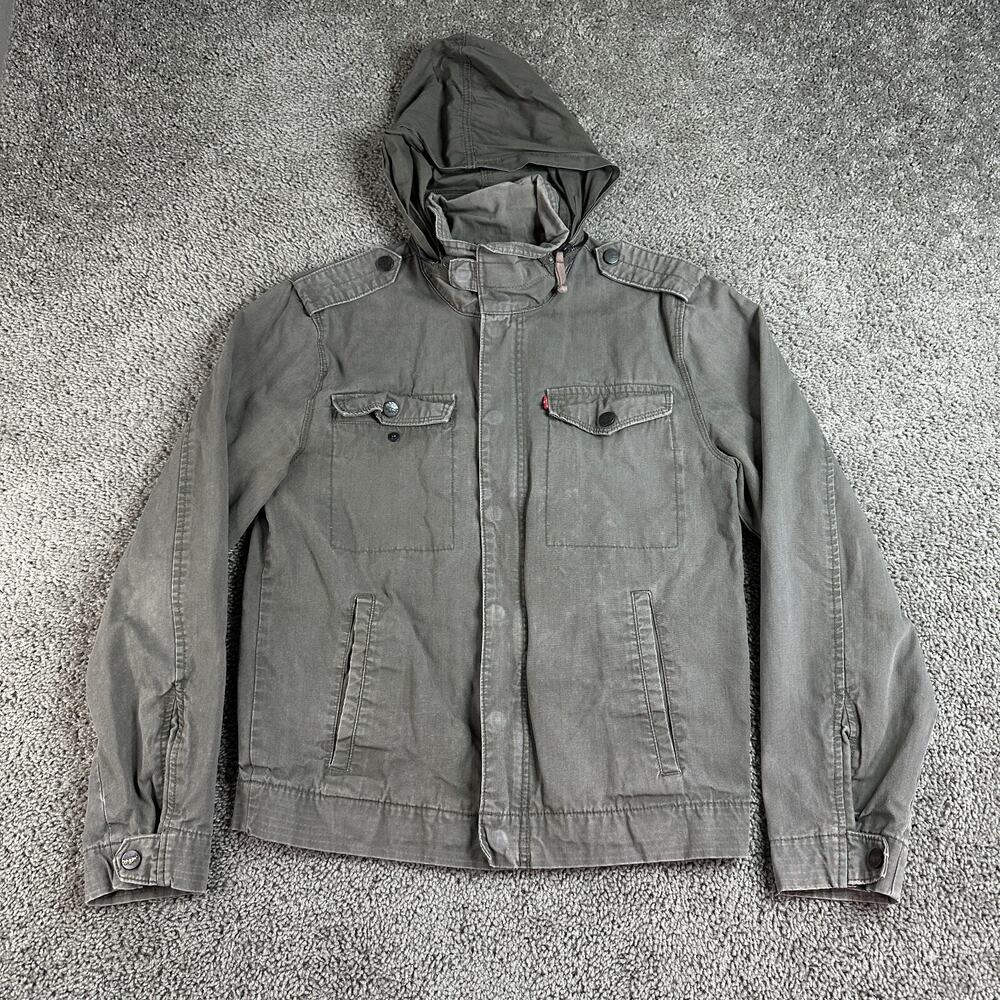 Levis Jacket Mens S Green Gray Military Red Tab Hooded Zipper Snap Front Coat